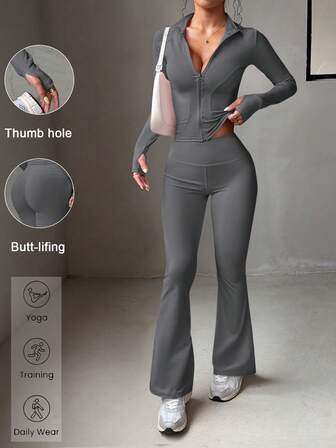 Aoqta Sports Women's Two Pieces Fall Outdoor Fitness Running Solid Color Long Sleeve Zipper Top And Slim High Waisted Pants Yoga New Year Set