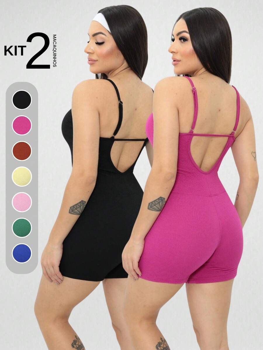Kit 2 Jumpsuits Ribbed Strappy Rompers Women's Clothing Gym Sports Fitness - Rose Red - View 1