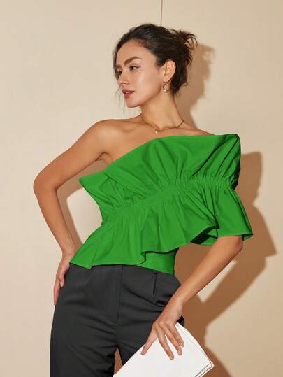 Summer Fashion One-Shoulder Ruffle Trim Blouse, Backless Crop Tops, Business Casual Women Vacation Outfits