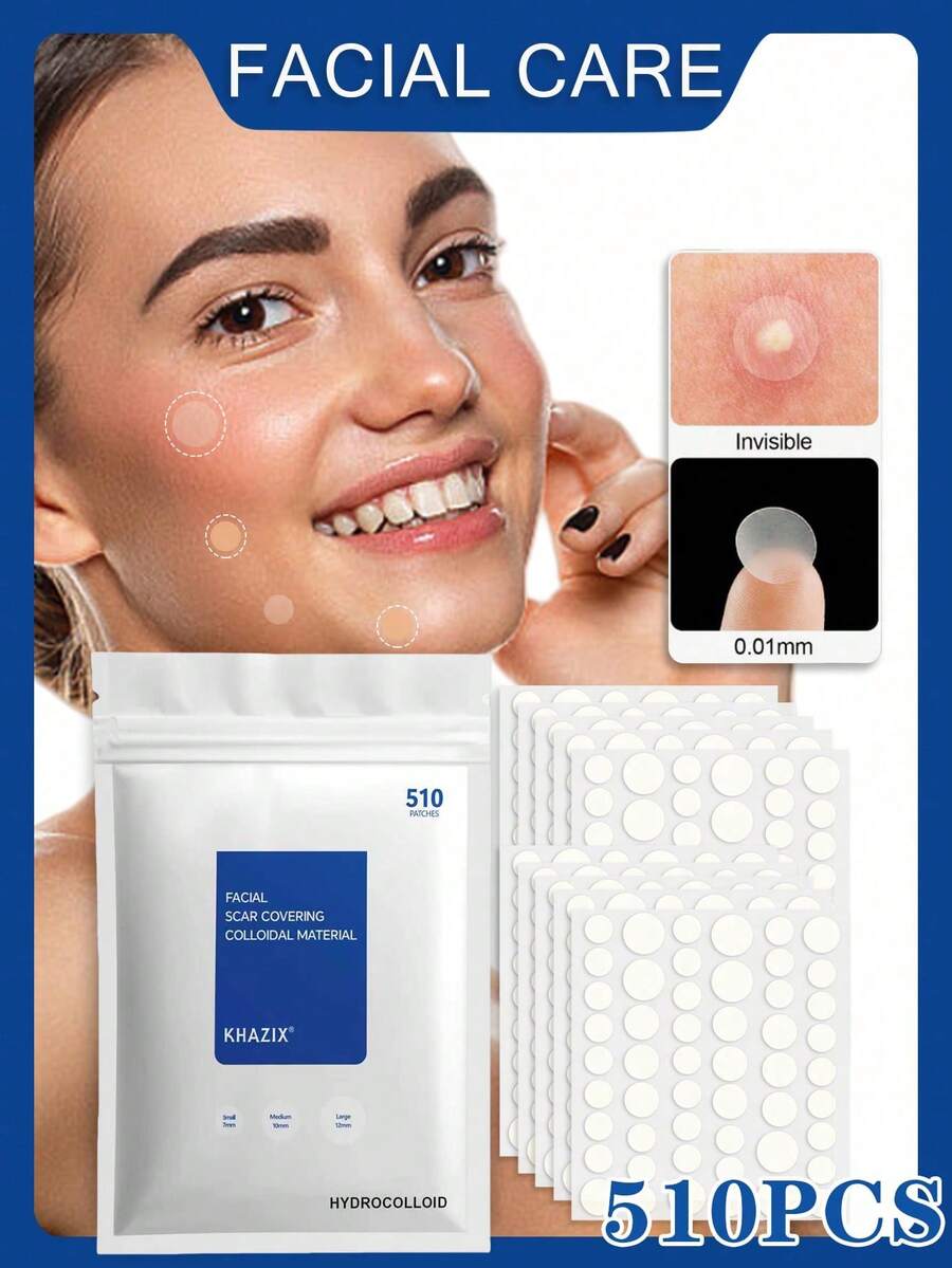 510pcs Transparent Acne Pimple Patch, Containing Tea Tree Oil Quality Ingredients, Gentle & Non-Irritating, Alcohol-Free, Scar Covering, Hydrocolloid Material, Comfortable Patch