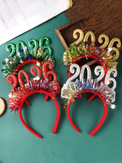 Pvoiue 2026 新年派对头带 - 新年快乐头带 - 节日派对头带，饰有星星和亮片 - 2026 新年庆祝活动配饰头带，女士和女孩新年发饰，星星头带，冬季圣诞节防滑头带