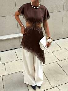 棕色蕾丝迷你连衣裙，优雅女士夏季连衣裙，派对装扮，缎面鸡尾酒短裙，女士度假装 - 咖啡棕 - 查看 2