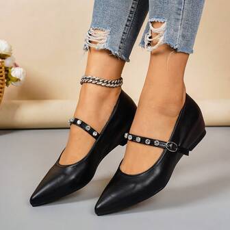 Zapatos casuales de plataforma y tacón de cuña para mujer, de unicolor en piel de PU con hebilla y decoración de cristales, adecuados para vacaciones, oficina, vacaciones, fiestas, todo el año