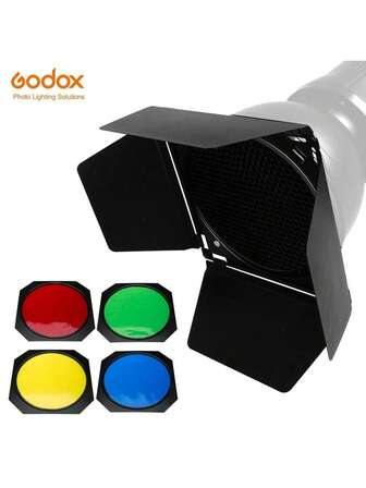  Godox BD-04 Panal de abeja con puerta de granero y 4 filtros de color + Reflector estándar con montaje Bowens para flash de estudio