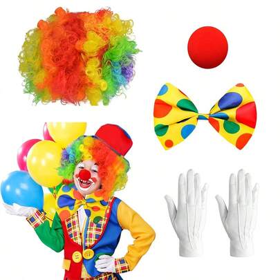 Conjunto de 4 piezas de disfraz de payaso de carnaval que incluye: peluca de payaso arcoíris, nariz, moño, guantes blancos, accesorios de payaso de carnaval, atuendo de carnaval
