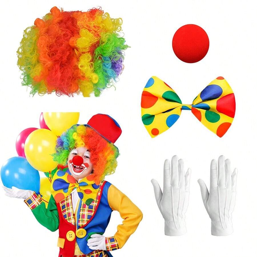 4-Piece Carnival Clown Costume Set Includes Clown Rainbow Wig, Nose, Bow Tie, White Gloves, Party Carnival Clown Accessories, Carnival Costume - Multicolor - View 1