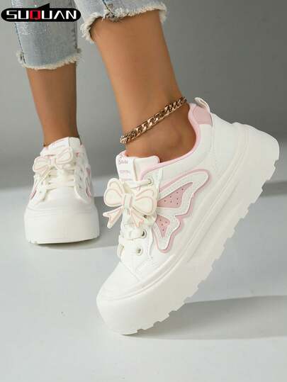 2026 New Women's Butterfly-Decorated Platform White Sneakers, 5cm Height Increase Blokette Style With Platform Sole, Lace-Up Casual Shoes, Color-Block Versatile White Shoes, Girly Heart Elevating Board Shoes, 2026 Spring & Summer New Platform White Sneakers, Leg-Slimming Platform Sole, Unique Decorative Casual Shoes