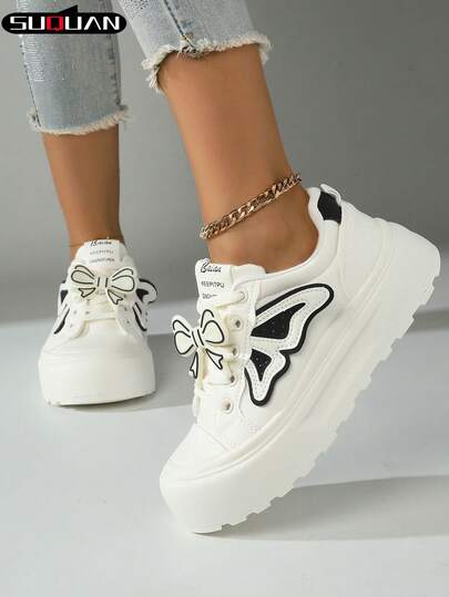 2026 New Women's Butterfly-Decorated Platform White Sneakers, 5cm Height Increase Blokette Style With Platform Sole, Lace-Up Casual Shoes, Color-Block Versatile White Shoes, Girly Heart Elevating Board Shoes, 2026 Spring & Summer New Platform White Sneakers, Leg-Slimming Platform Sole, Unique Decorative Casual Shoes