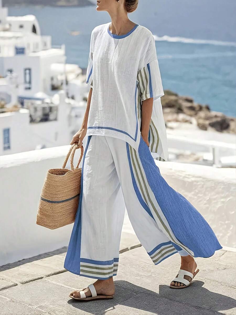 2 piezas Conjunto de mujer estilo bohemio de verano con top de hombros abiertos con estampado de rayas y manga con abertura, y pantalones de pierna ancha