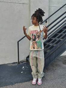 Retro Style Portrait Double-Sided Printed Short Sleeved T-Shirt, Y2K Style Pure Cotton Material - Soft And Breathable, 100% Pure Cotton Fabric - Comfortable And Energetic Summer Street Style Short Sleeved T-Shirt, Cool Design Retro Summer Men's Daily T-Shirt - 杏色 - 查看 1