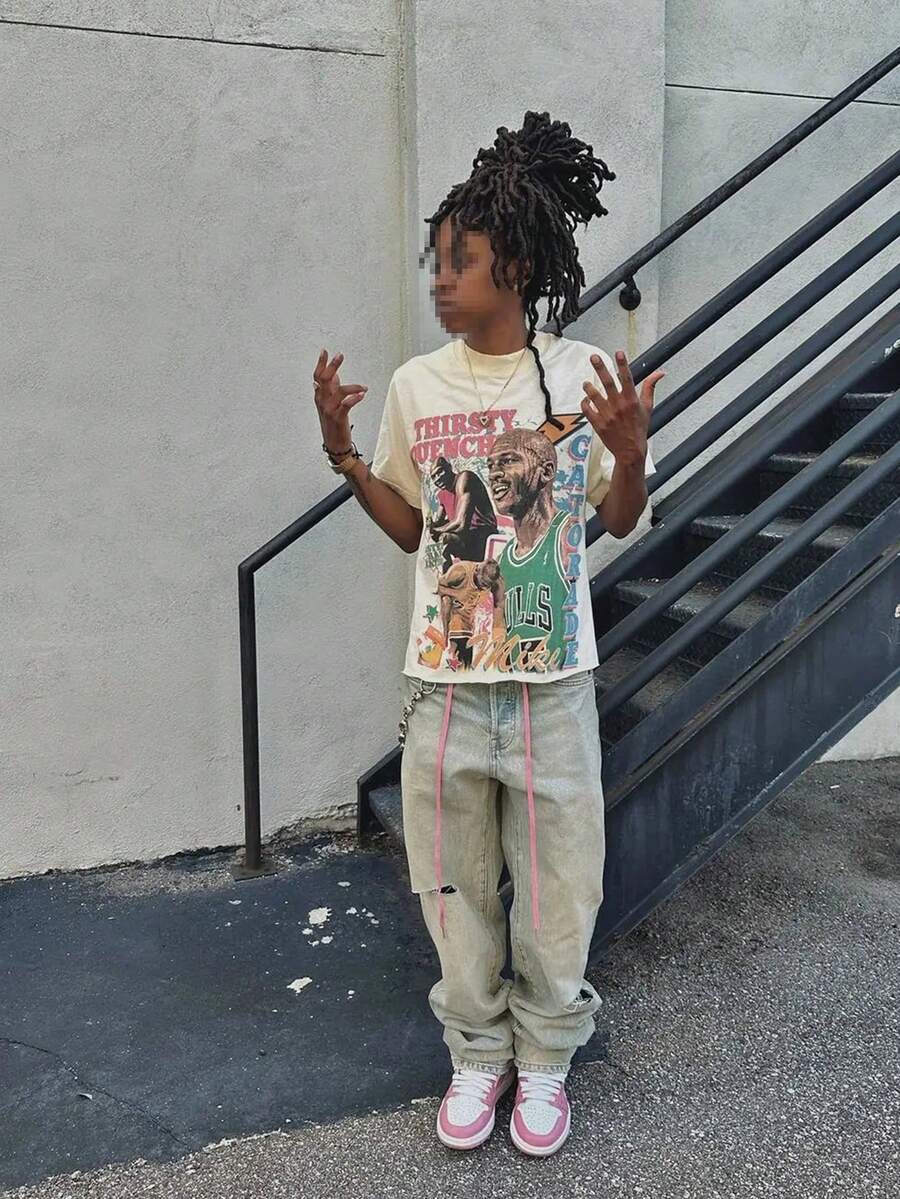 Retro Style Portrait Double-Sided Printed Short Sleeved T-Shirt, Y2K Style Pure Cotton Material - Soft And Breathable, 100% Pure Cotton Fabric - Comfortable And Energetic Summer Street Style Short Sleeved T-Shirt, Cool Design Retro Summer Men's Daily T-Shirt - 杏色 - 查看 1