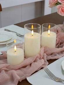 3件套电子装饰LED蜡烛灯，带遥控定时器，户外电动柱形蜡烛，电池供电，3件套逼真火焰柱形蜡烛，暖焰，生日婚礼装饰，适用于灯笼、庭院、圣诞节、万圣节、情人节、派对、餐桌、家居装饰 - 透明 - 查看 8