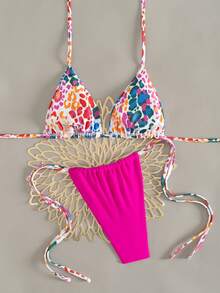 Top y Bottom de bikini con estampado de leopardo, sexy y con cordones en la espalda, traje de baño para vacaciones en la playa en verano - Multicolor - Ver 5