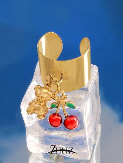 1 pièce Bague charme en acier inoxydable en forme d'ours cerise à large ouverture, bijou cadeau convenant pour le port quotidien et les fêtes pour femmes