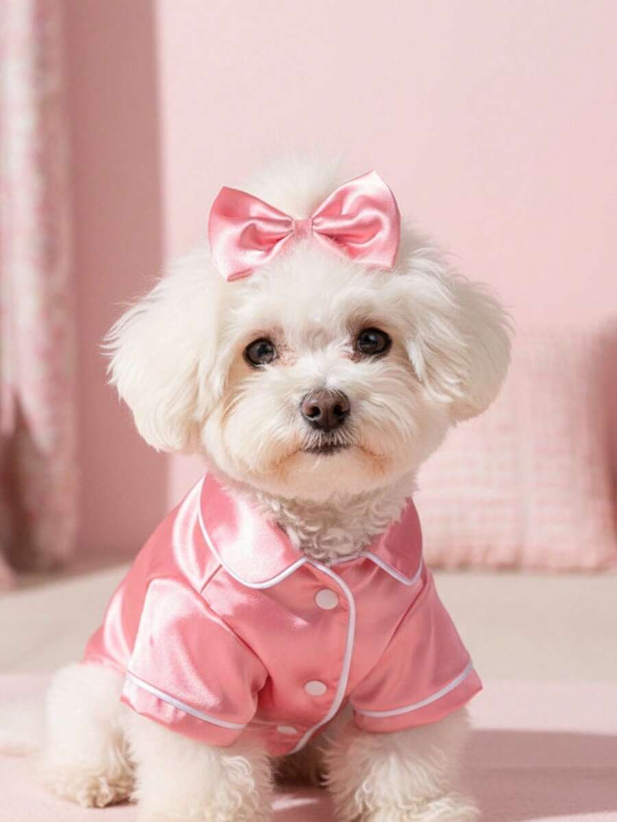Pet Clothes Hot Selling Cozy Dog & Cat Pajamas - Winter & Autumn Warmth, Cute Heart & Paw Print Design With Red Bows, Soft Comfortable Pet Sleepwear For Medium Dogs & Cats, Christmas & Everyday Holiday Outfits, Easy Button Closure, Pink - 粉色 - 查看 1