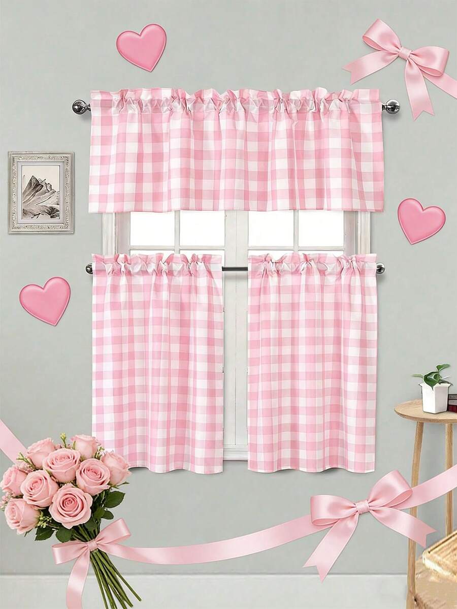 1/2pcs Casual Plaid Short Curtain, Breathable & Lightweight, Suitable For Valentine's Day, Wedding, Party, Living Room, Dining Room, Kitchen, Home Decor - Pink - View 1