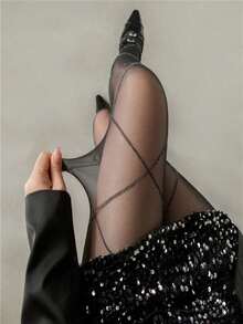 女士格子亮面连裤袜 - 性感黑色薄纱丝袜，带有微妙的闪光 - 黑色 - 查看 2