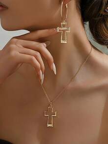 2pcs/Set Fashionable Minimalist Versatile Geometric Hollow Cross Metal Pendant Necklace & Earrings Jewelry Set For Women - Yellow Gold - View 1