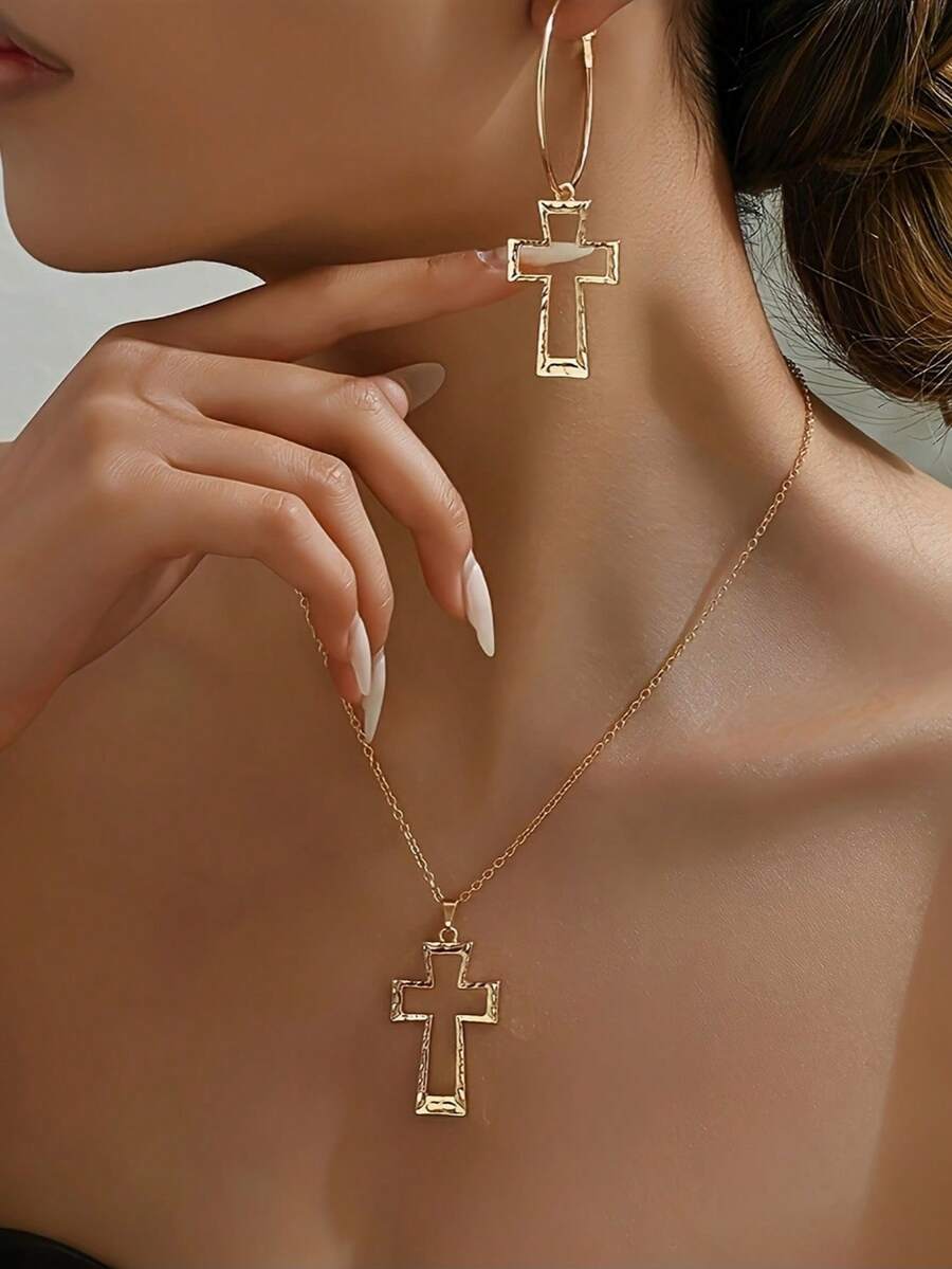 2pcs/Set Fashionable Minimalist Versatile Geometric Hollow Cross Metal Pendant Necklace & Earrings Jewelry Set For Women - Yellow Gold - View 1