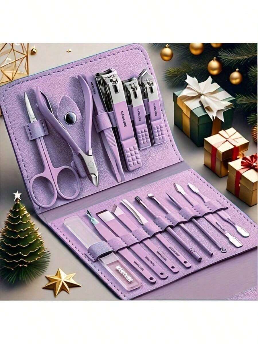 16-Piece Professional Manicure Set | Stainless Steel Nail Care Kit With Travel Case | Complete At-Home & On-The-Go Grooming Kit - 淡紫色 - 查看 1
