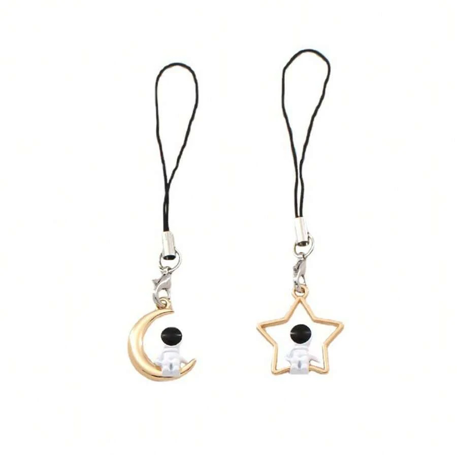 Moon & Star Astronaut Keychain, Creative Space Pendant, Unique Couple & Best Friend Charm, Stylish Bag Accessory & Keyring - dây thừng phi hành gia ngôi sao - Xem 1