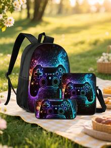 3件套男童背包套装 - 游戏图案面料，大容量多功能拉链封口，休闲书包，适合日常使用和旅行