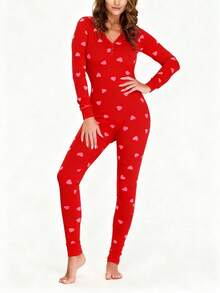 Holiday One Piece Pajamas For Women .Y Pink Heart Striped  Pajamas Cute Love Print Jumpsuit Sleepwear Romper - 紅色 - 查看 1