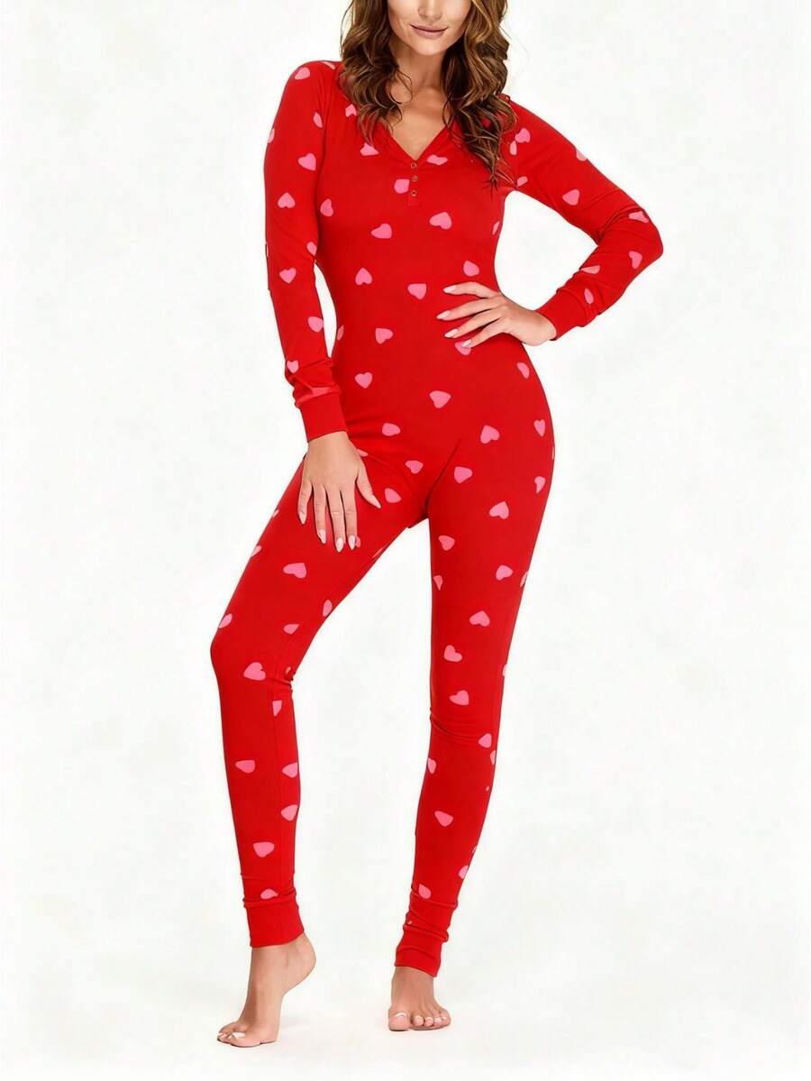 Holiday One Piece Pajamas For Women .Y Pink Heart Striped Pajamas Cute Love Print Jumpsuit Sleepwear Romper - 紅色 - 查看 1