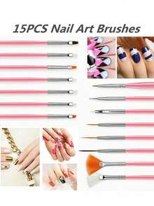 21pcs Pink Manicure Tool Set Includes 15pcs Nail Art Pens, 5pcs Acrylic Silicone Sculpting & Dotting Dual-Ended Brushes, 1pc Resin Palette, 1pc DIY Makeup Display Board, Suitable For Home And Salon Use