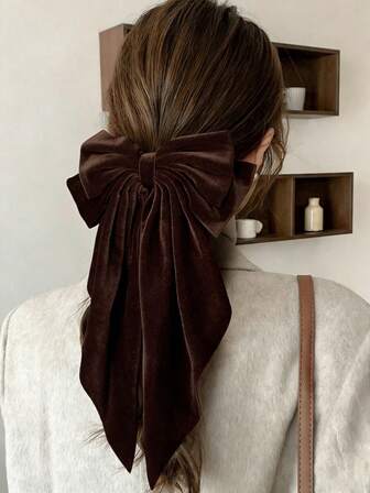 1 件装女士发饰，大号深棕色天鹅绒蝴蝶结发夹，丝滑缎面发带，大号发夹，可爱美观的发饰，金属蝴蝶结发夹，中性色深棕色鳄鱼夹，发饰爪夹，发夹，发卡，情人节礼物，感恩节礼物，大学，冬季女装，蝴蝶结，发夹