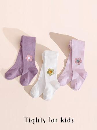 3 Pairs Girls' Solid Color Minimalist Floral Decor Tights, Versatile Skinny Fit Leggings For Daily Wear, All Season