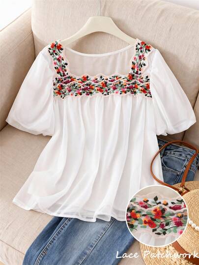 半透明春季雪纺上衣，饰以刺绣蕾丝拼接，休闲百搭的白色夏季衬衫