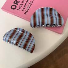Retro Winter Blue And Brown Striped Hair Clip, High-End Niche Style, Shark Clip For The Back Of The Head, Simple And Elegant Updo Hair Clip - 藍色 - 查看 3