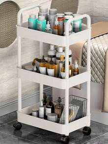 1pc 3-Tier Large Capacity Plastic Bathroom Storage Cart With Movable Mesh Basket, Simple & Fresh Pure White 3-Layer Square Design With Swivel Casters & Handles, Suitable For Bathroom Organization Bathroom Accessories - Multicolor - View 2