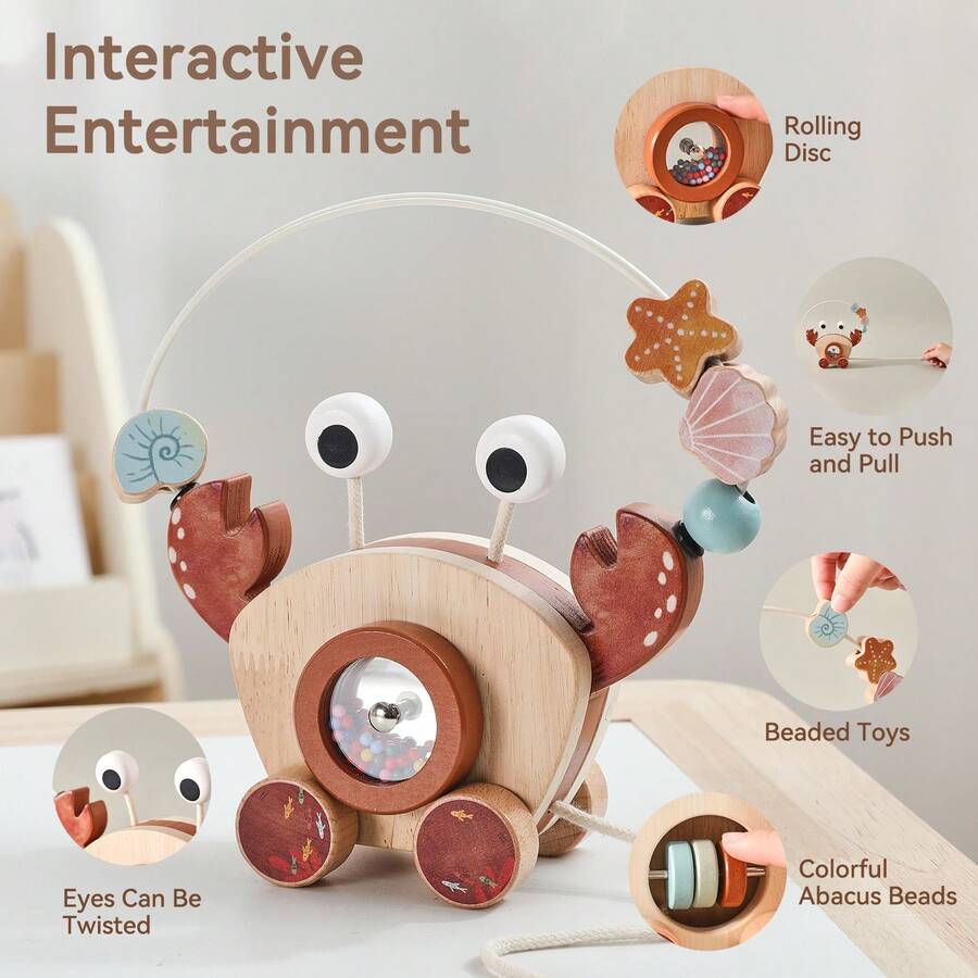 5-In-1 Wooden Push & Pull Toy Car With Beads For Toddlers, Colorful Crab-Shaped Standing Design, Multi-Functional Play, Sensory Stimulation, All-In-One Educational Toy, Great For Christmas, Halloween, Birthday Gifts