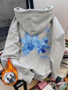 女士印花长袖抽绳连帽卫衣，带口袋，休闲宽松套头衫，时尚冬季服装，适合日常穿着 - 深花灰 - 查看 7