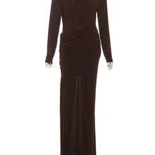 Maxi Dress Women O-Neck Full Sleeve Solid Banquet Elegant Vacation Fashion Autumn Skinny Casual Simple Vestidos - 棕色 - 查看 4