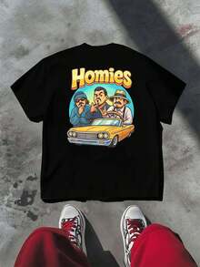 Homies Car Club Summer Graphic Tee, Crew Neck, Loose Fit, Casual, Comfortable Fit, Unique Graphic Print, Double-Sided Print - 黑色 - 查看 3