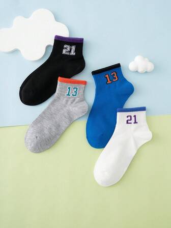 4 Pairs Boys' Solid Color Athlete Sports Student Socks With Number Design