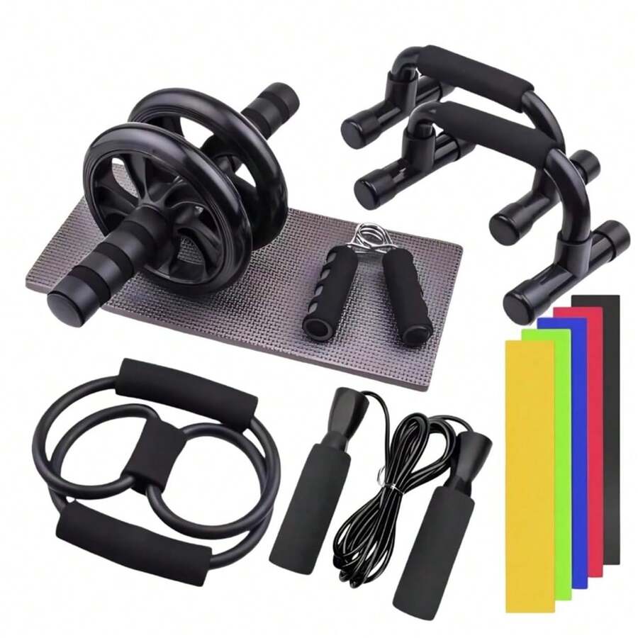 Rodillo Abdominal 12 en 1 Extra Ancho con Barras de Flexiones, Cuerda para Saltar, Banda 8, Bandas de Resistencia y Alfombra para Rodillas, Ab Roller Profesional para Entrenamiento de Abdomen y Core, Fortalecimiento de Brazos, Espalda y Piernas, Equipo Fitness Completo para Casa y Gimnasio