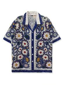 Unisex Printed Shirt, Beige Top, Geometric Pattern, Bohemian Style, Hawaiian Style, Couple Shirt, Plaid Hollow-Out, Casual Outgoing, Young People's, Leisure Holiday Shirt, Valentine's Day Gift, Short Sleeve, Hawaiian - Blue - View 1