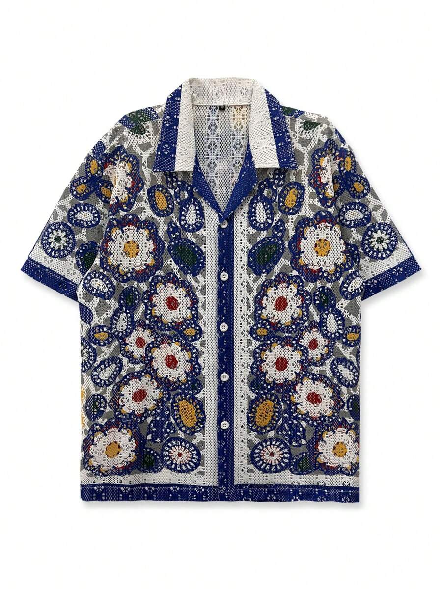 Unisex Printed Shirt, Beige Top, Geometric Pattern, Bohemian Style, Hawaiian Style, Couple Shirt, Plaid Hollow-Out, Casual Outgoing, Young People's, Leisure Holiday Shirt, Valentine's Day Gift, Short Sleeve, Hawaiian - Blue - View 1