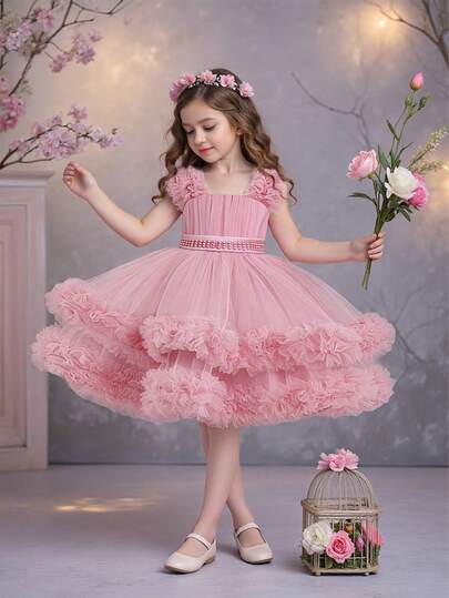 Young Girls' Thick Strap Pleated Mesh Elegant Birthday Party Dress, Suitable For Flower Girl, Wedding, Graduation, Prom, Without Headband