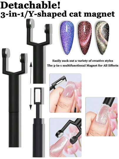 3-In-1 Black Y-Shaped Magnetic Nail Art Tool, Suitable For Cat Eye Gel Polish - Strong Magnetic Adsorption, Detachable Magnetic Rod, Odorless, Fast-Acting, Korean & Japanese Style Nail Design - DIY Manicure/Pedicure Set, Create Holographic & Chameleon Nail Effects (Essential For Beginners & Nail Art Enthusiasts)