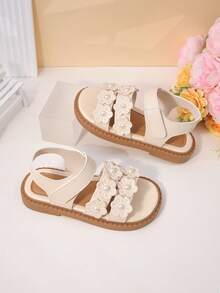 1双幼儿女童3D花朵珍珠装饰仿皮透气露趾踝带平底凉鞋，甜美公主风生日派对鞋 - 米色 - 查看 4