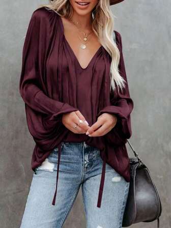 Plus Size Women's Solid Color V-Neck Drawstring Casual Long Sleeve Shirt