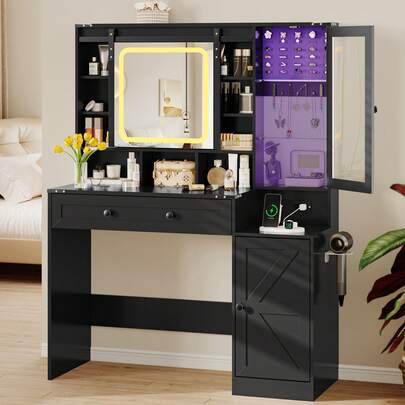 Makeup Vanity Desk With Mirror And Lights, Vanity Table With LED Lighted Mirror & Power Outlet, Dressing Table, Large Storage Drawer & Cabinet For Bedroom