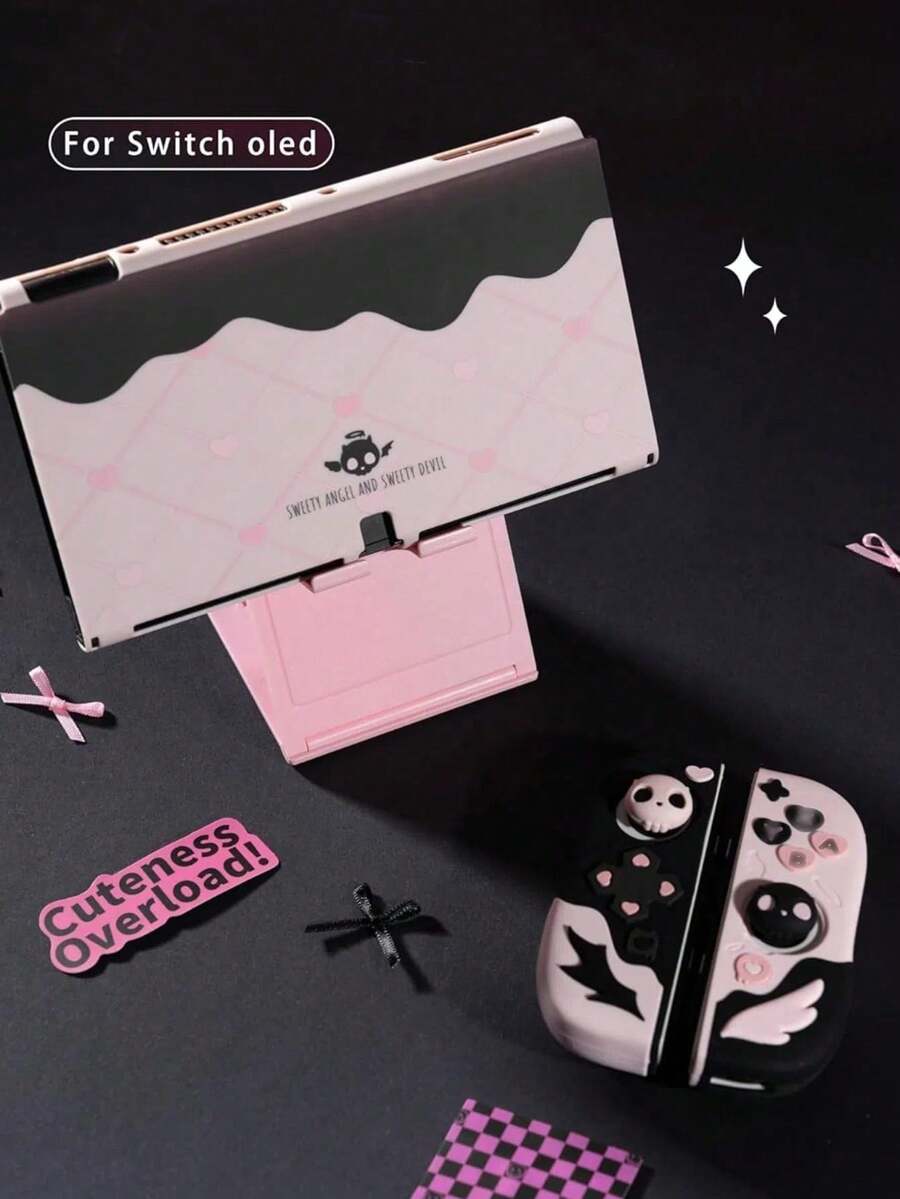 GeekShare Cute Sweetheart Skull Protective Case Compatible With Nintendo Switch OLED, With 2 Thumb Grip Caps - Pink Black - View 1