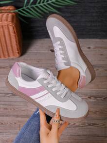 Spring/Autumn New Fashion Pink Flat Versatile Round Toe Lace-Up Casual Sneakers For Women, Preppy Style - Pink - View 1