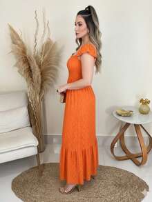 Vestido Longo Feminino Vestido Leise Malha Vestido de Festa - Laranja - Visão 3